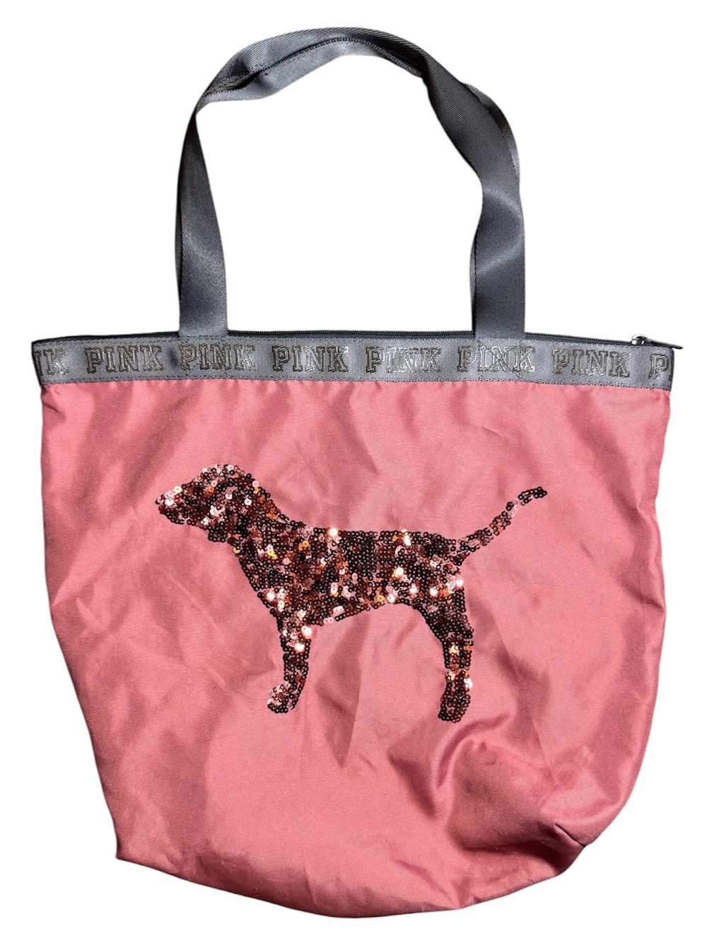 PINK Victoria's Secret Pink Sequin Dog Tote with Gray Straps